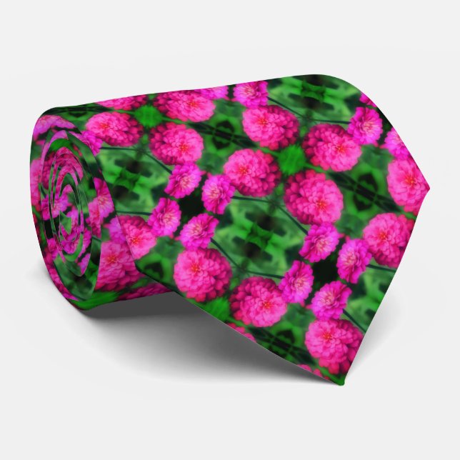 Pink Zinnia Flower Pair Close Up Abstract Pattern  Tie (Rolled)