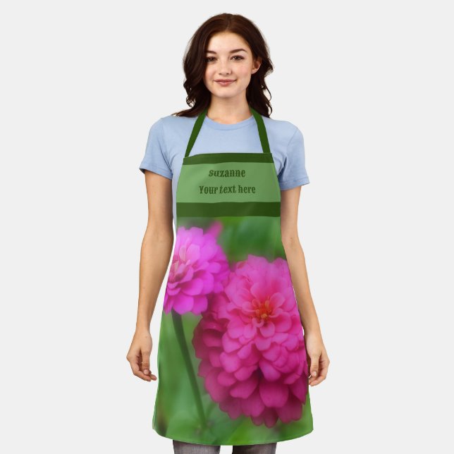 Pink Zinnia Flower Pair Personalised Apron (Worn)