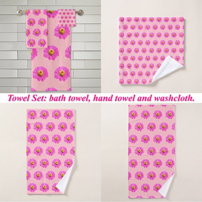 Pink Zinnia Flower Seamless Pattern on Bath Towel Set (Pink Zinnia flower seamless pattern on bath towel set: wash cloth, hand towel and bath towel)