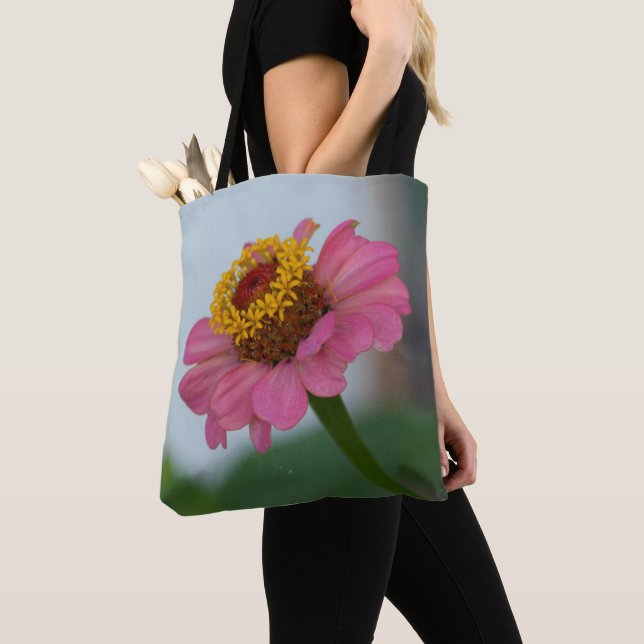 Pink Zinnia Flower Tote Bag (Close Up)