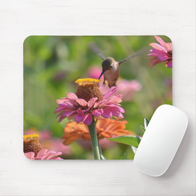 Pink Zinnia Flowers Hummingbird Photography Mouse Mat (With Mouse)