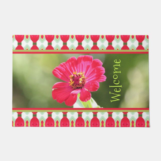 Pink Zinnia Welcome Door Mat (Front)
