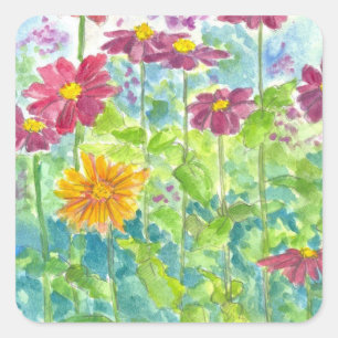 Pink Zinnia Wildflower Watercolor Garden Square Sticker