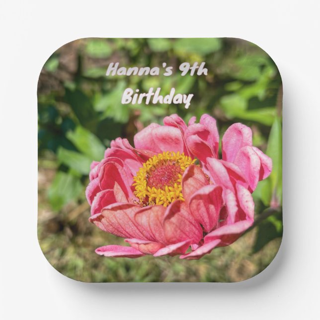 Pink Zinnia with Yellow Centre Paper Plate (Front)