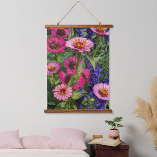Pink Zinnias and Blue Salvia Floral Hanging Tapestry