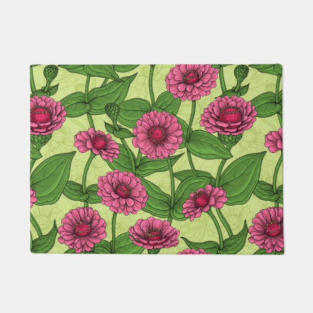 Pink Zinnias on light green Doormat (Front)