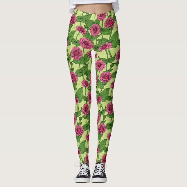 Pink Zinnias on light green Leggings (Front)