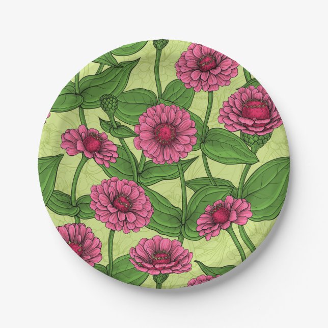 Pink Zinnias on light green Paper Plate (Front)