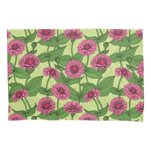 Pink Zinnias on light green Pillowcase (Front-Left)