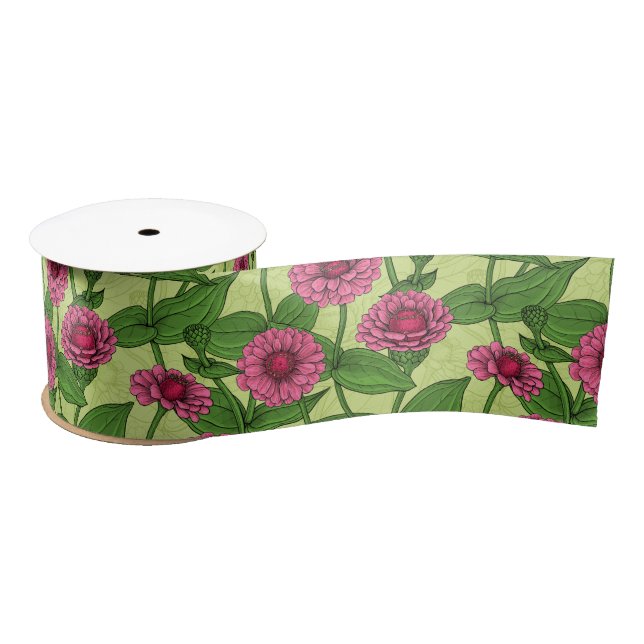 Pink Zinnias on light green Satin Ribbon (Spool)