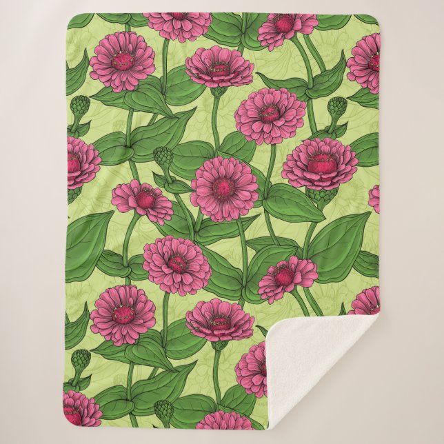 Pink Zinnias on light green Sherpa Blanket (Front)