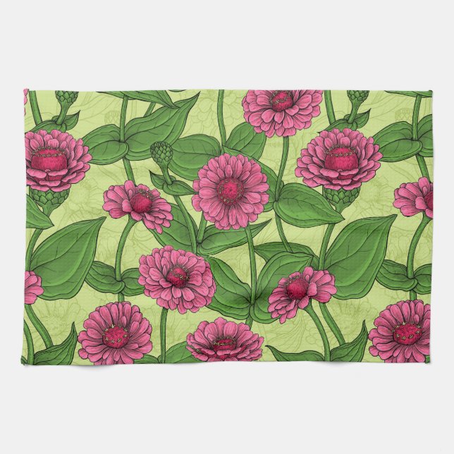 Pink Zinnias on light green Tea Towel (Horizontal)