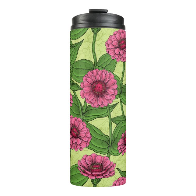 Pink Zinnias on light green Thermal Tumbler (Front)