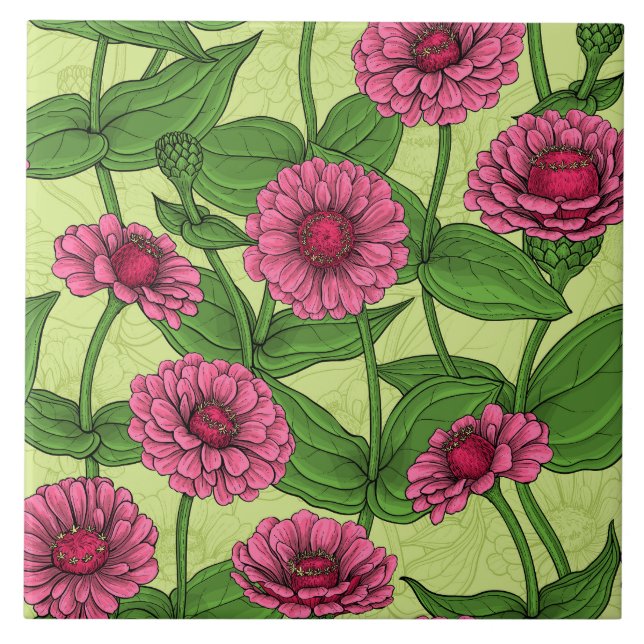 Pink Zinnias on light green Tile (Front)