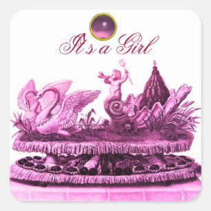 PINKCHARIOT OF SWANS /CUPCAKES GIRL BABY SHOWER SQUARE STICKER