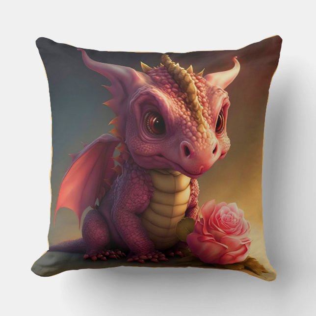 Pinkie - Pink Dragon with a Rose Throw Pillow  (Front)