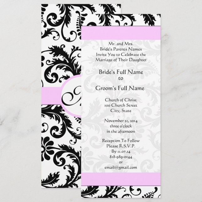 Pinkish Lavender  Damask Swirls Wedding Invitation (Front/Back)