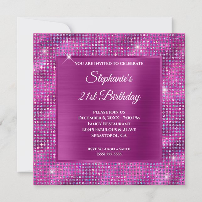 Pinkish Purple Diamond Studded Foil 21st Birthday Invitation (Front)