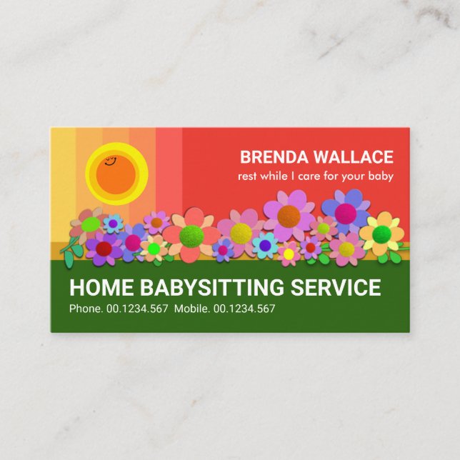 Pinkish Sky Happy Sun Colourful Flowers Babysittin Business Card (Front)