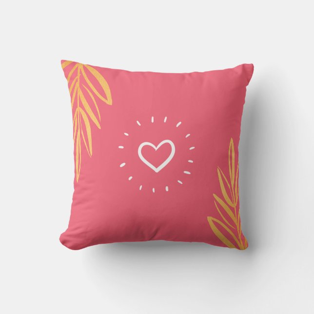 PinkREd with Yellow leaves and White heart Cushion (Front)