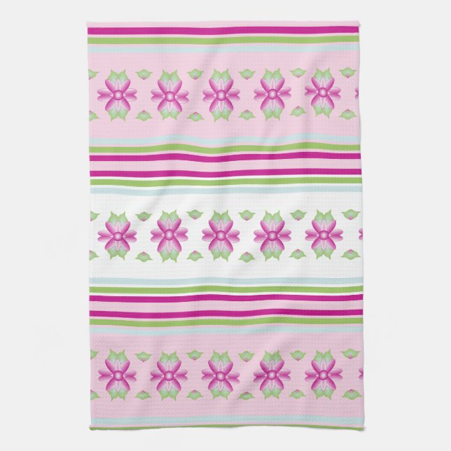 Pinks Blue and Green Flowered Kitchen Tea Towel (Vertical)