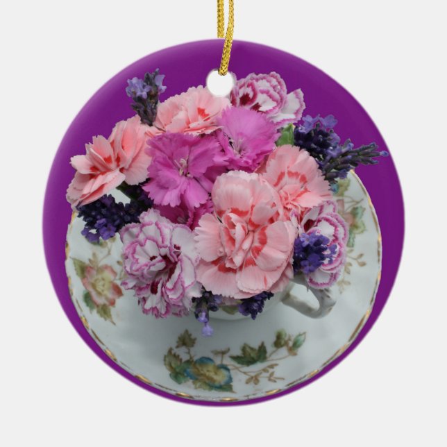 Pinks carnations in teacup ceramic tree decoration (Front)