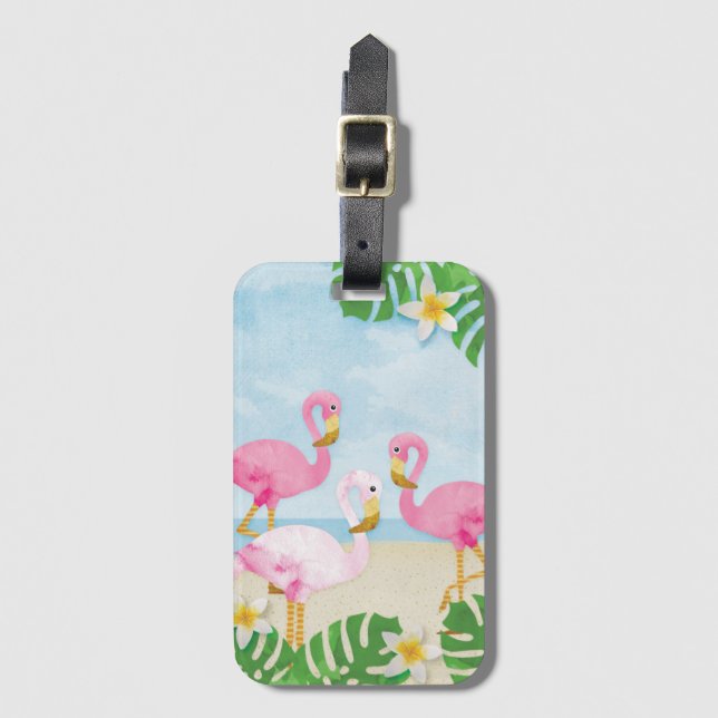 Pinks Flamingos on the Beach Luggage Tag (Front Vertical)