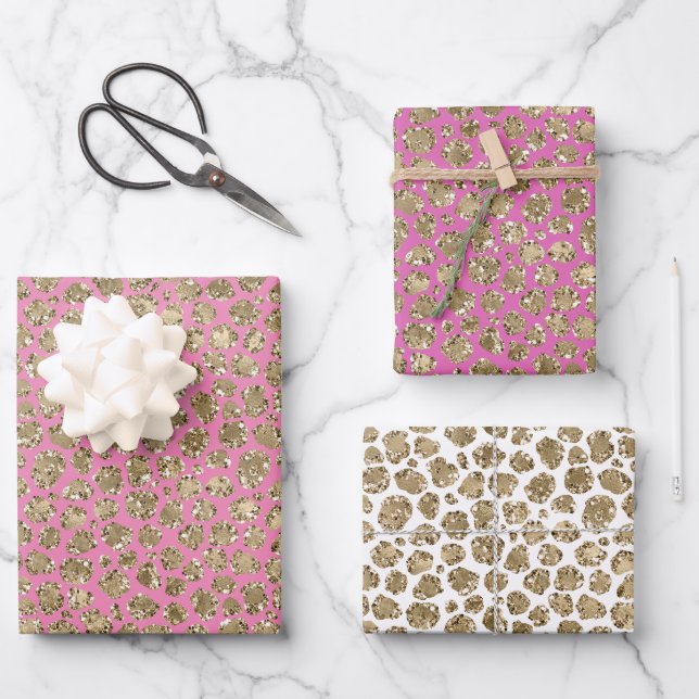 Pinks Gold Glam Glitter Leopard   Wrapping Paper Sheet (Front)