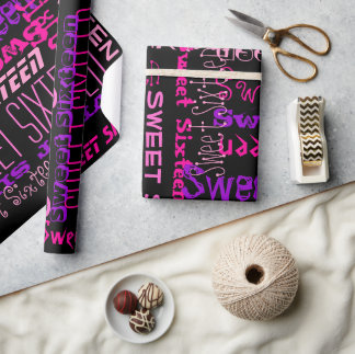 Pinks Sweet Sixteen Word Jumble Wrapping Paper