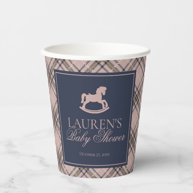 PinkTartan Plaid Classic Rocking Horse Baby Shower Paper Cups (Front)