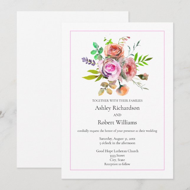 PinkWatercolor Floral Wedding Invitation (Front/Back)