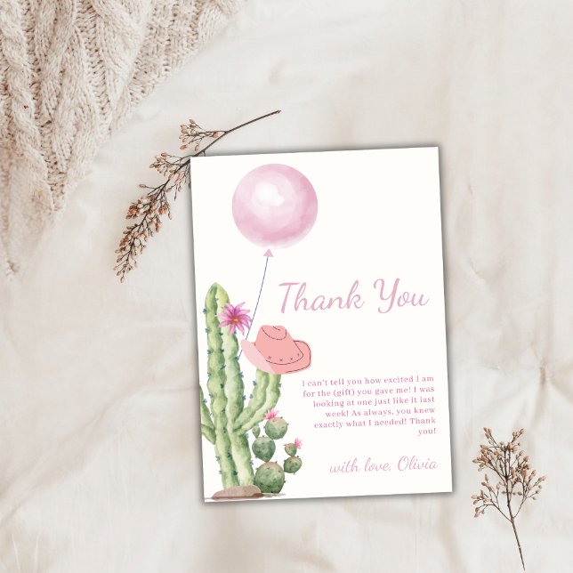 Pinky Flower Cactus Balloon Cowgirl Baby Shower  Thank You Card (Pinky Flower Cactus Balloon Cowgirl Baby Shower Thank You Card)