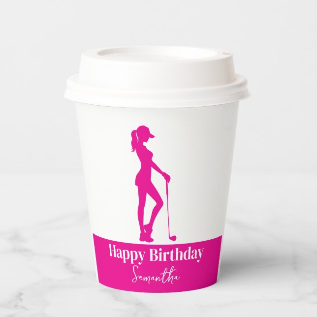 Pinky Lady Golfer Birthday Monogram  Paper Cups (Front)
