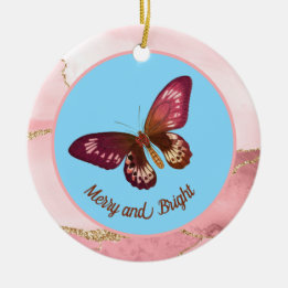 Pinky Peach Butterfly on Blue Sky Merry and Bright Ceramic Tree Decoration