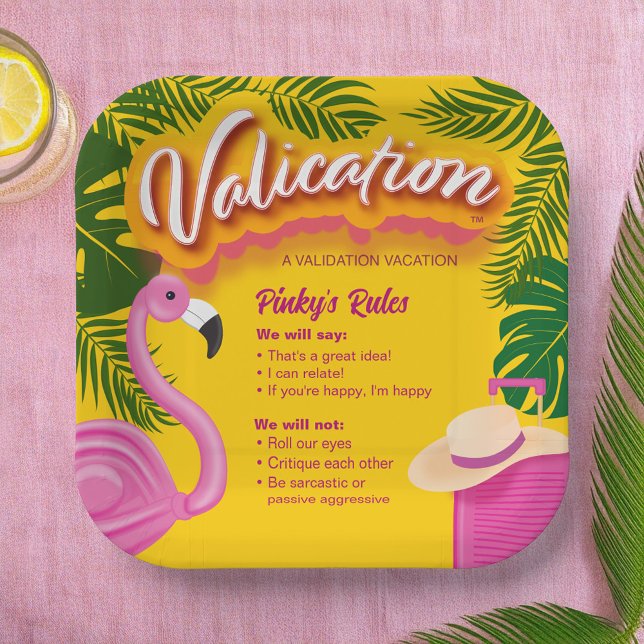 Pinky Validation Vacation Paper Plate (Make an inspiring tablescape with this pink flamingo (PINKY) with handy reminders to be positive.)