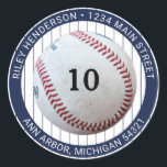 Pinstripe Baseball Birthday Party Return Address Classic Round Sticker<br><div class="desc">Add these cute baseball return address labels to your baseball themed birthday party invitations and thank you cards for a fun festive party. The design features a baseball with the player's team number or age,  on a pinstripe background.</div>