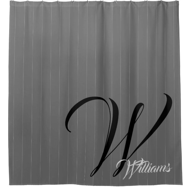 Pinstripe Grey Monogram Shower Curtain (Front)