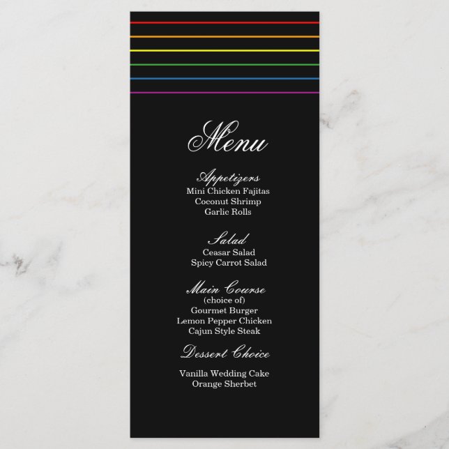 Pinstripe Pride Colours LGBT Wedding Menu (Front)