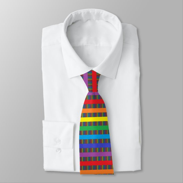 Pinstripe Rainbow and Rainbow Stripes Black Tie (Tied)