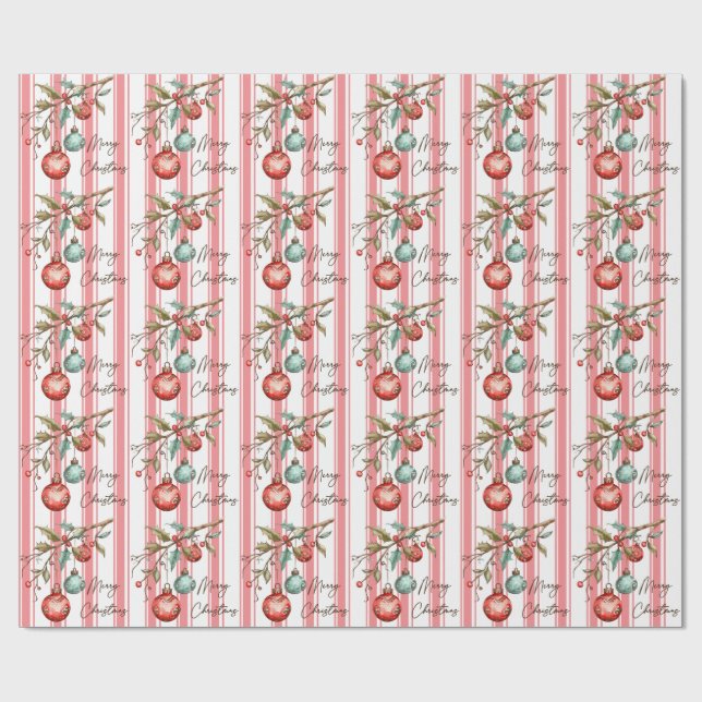 Pinstripe Watercolor Ornaments Merry Christmas Wrapping Paper (Flat)