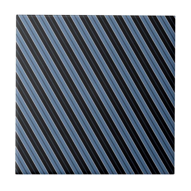 Pinstripes blue black white diagonal stripes tile (Front)