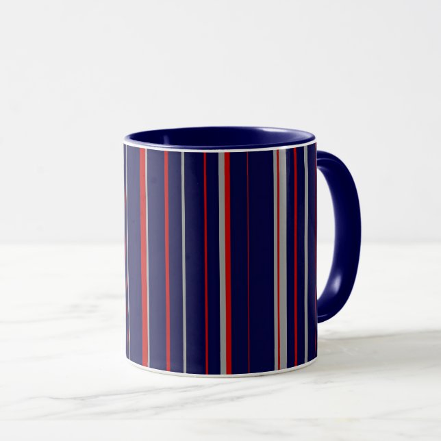 Pinstripes, colours red, navy, grey mug (Front Right)