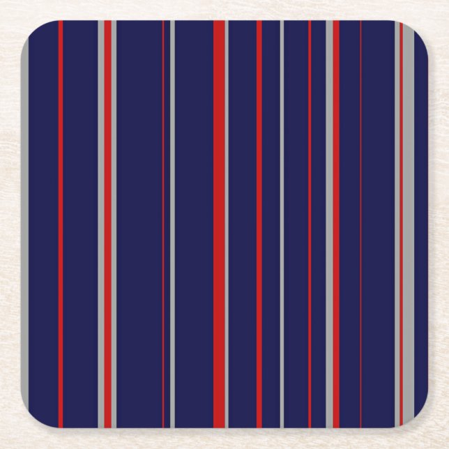 Pinstripes, colours red, navy, grey square paper coaster (Front)