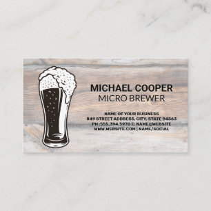 Pint Glass Over Flowing   Wood Background Business Card