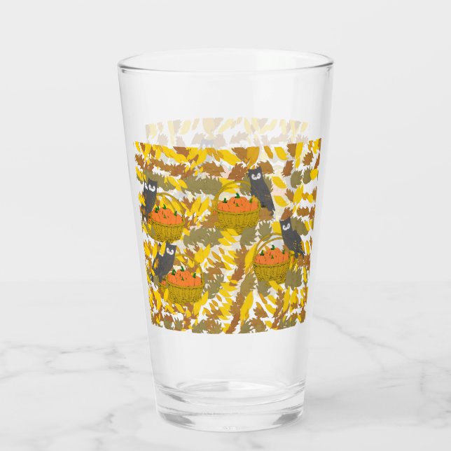 Pint Glass Owl and Autumn Pumpkins (Back)