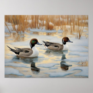 Pintail Ducks on Snowy Pond Poster
