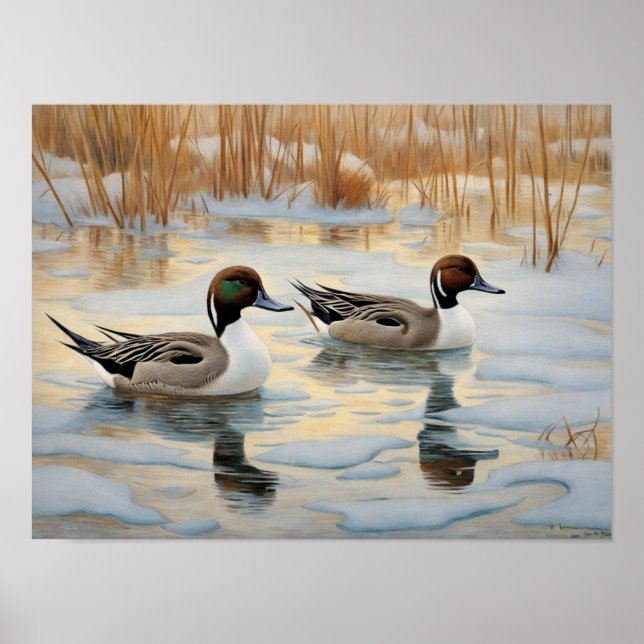 Pintail Ducks on Snowy Pond Poster (Front)