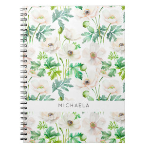 Pinted white anemone flowers on cream notebook