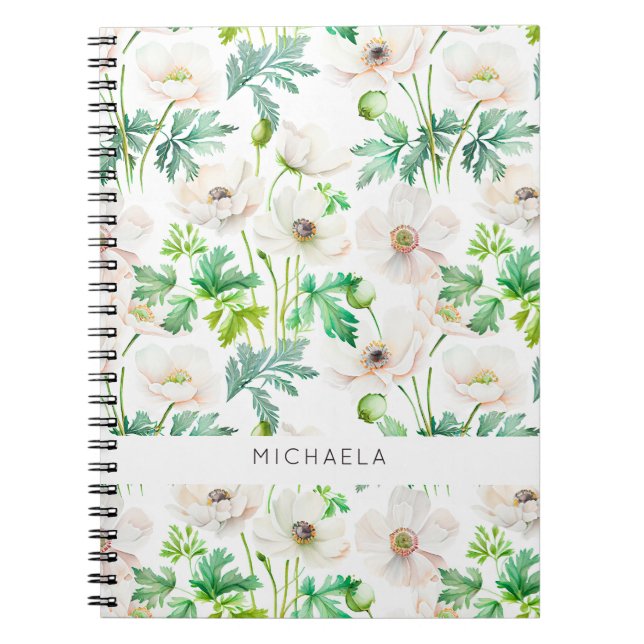 Pinted white anemone flowers on cream notebook (Front)