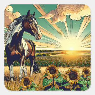 Pinto Horse in a Sunflower Field  Square Sticker